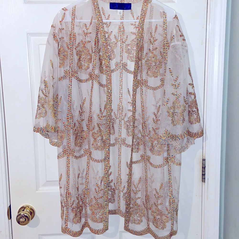 White sheer kimono w/ multicolor floral stitching. EUC. Size L. Smoke free home.